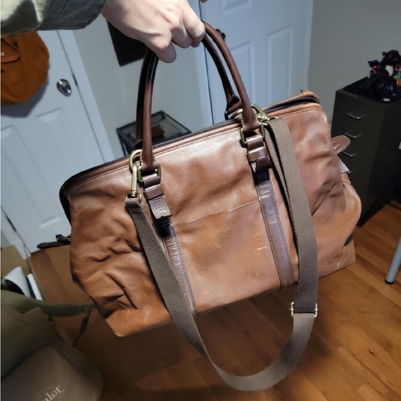 ❌SOLD❌ Fossil Brown Leather Weekender/Duffle Wide-Mouth Unisex Bag - Picture 1 of 10
